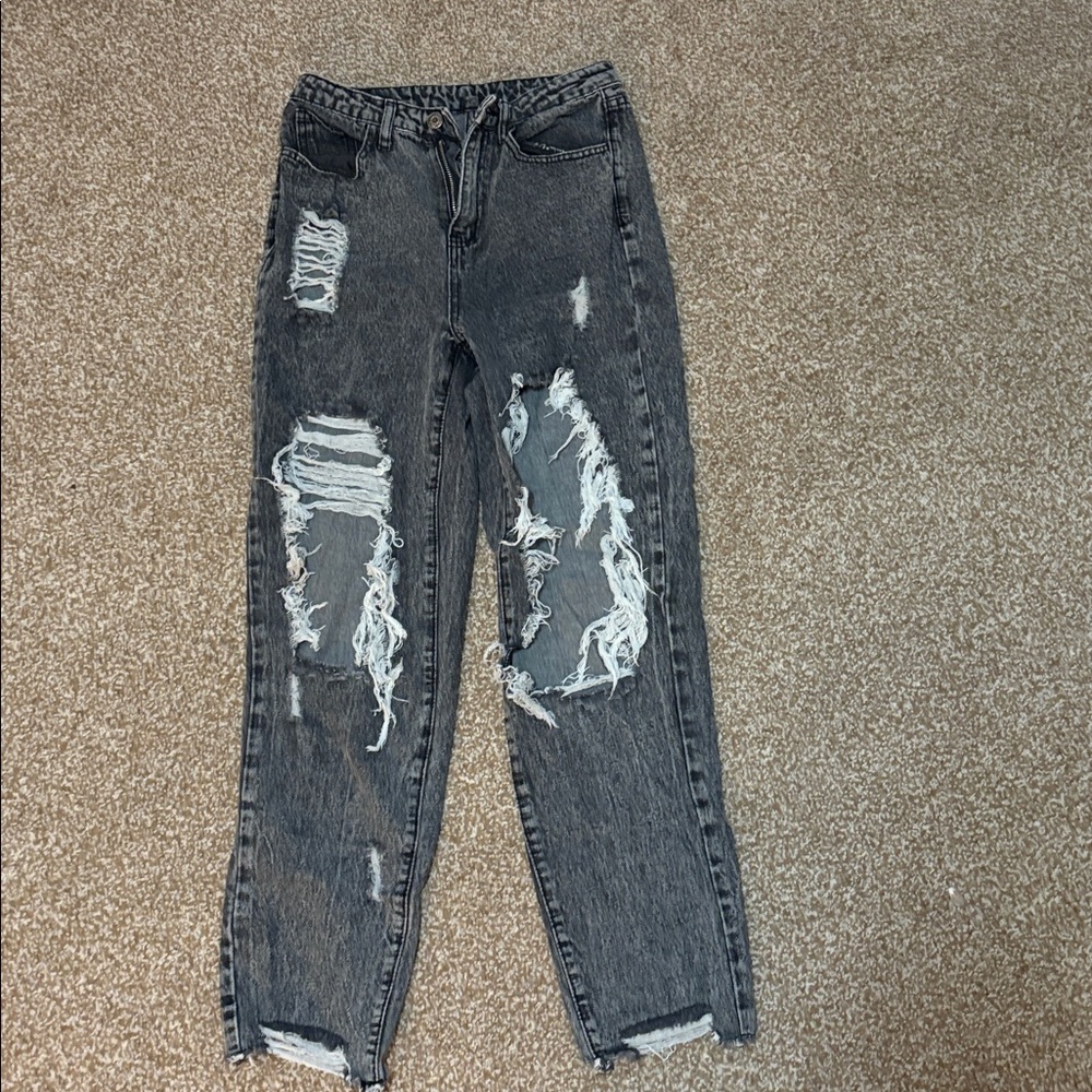 SHEIN Distressed Straight Leg Jeans - Black